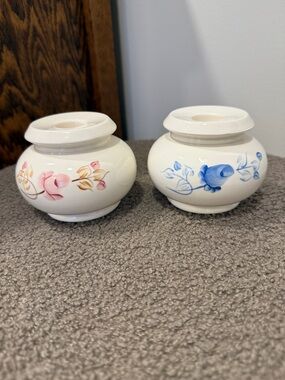 Vintage Hand-Painted Floral Ceramic -  pillar Pink & Blue. Cottage Country